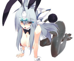 Rule 34 | 00s, 1girl, all fours, android, animal ears, bare shoulders, blue hair, bow, bowtie, breasts, cleavage, detached collar, fake animal ears, female focus, hairan, hanging breasts, headgear, kos-mos, large breasts, long hair, no shoes, open mouth, pantyhose, playboy bunny, rabbit ears, rabbit tail, red eyes, solo, tail, white background, wrist cuffs, xeno (series), xenosaga, xenosaga episode iii