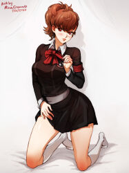 Rule 34 | 1girl, armband, artist name, dated, gekkoukan high school uniform, hand on own hip, kneeling, light smile, lips, looking at viewer, mina cream, neck ribbon, persona, persona 3, ponytail, red eyes, red hair, red ribbon, ribbon, school uniform, shiomi kotone, socks, solo, white socks