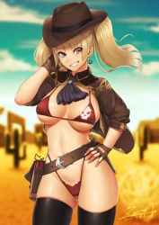 Rule 34 | 1girl, ascot, belt, bikini, black ascot, black thighhighs, blonde hair, blue sky, blurry, brown gloves, brown jacket, cloud, commentary request, cowboy hat, cowboy shot, dated, day, depth of field, desert, fingerless gloves, gloves, grin, gun, hand on own hip, handgun, hat, highleg, highleg bikini, highleg swimsuit, highres, holster, jacket, long hair, looking at viewer, open clothes, open jacket, original, outdoors, pistol, purple eyes, red bikini, sawasa, signature, skull print, sky, smile, solo, swimsuit, thighhighs, tumbleweed, twintails, weapon