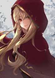 Rule 34 | 1girl, blonde hair, cape, closed mouth, ereshkigal (fate), fate/grand order, fate (series), floating hair, grey background, hair between eyes, higa-shi, hood, hood up, hooded, long hair, looking at viewer, red cape, red eyes, smile, solo, upper body, very long hair