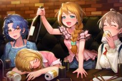 Rule 34 | &gt;:d, ^ ^, ahoge, alcohol, antenna hair, apple brk, arm support, baba konomi, bar (place), beer, beer can, blonde hair, blouse, blue eyes, blue hair, blush, booth seating, bottle, braid, brick wall, brown hair, can, chopsticks, closed eyes, collar, comic, commentary request, drink can, drinking, drunk, frilled collar, frilled sleeves, frills, hair ornament, hair scrunchie, head on table, holding, holding bottle, holding can, idolmaster, idolmaster million live!, idolmaster million live! theater days, indoors, korean commentary, long hair, long sleeves, momose rio, orange hair, plate, polka dot, restaurant, sakuramori kaori, scrunchie, shirt, side braid, single braid, sitting, sleeping, table, toyokawa fuka, v-shaped eyebrows, wavy hair, wine, wine bottle, wing collar