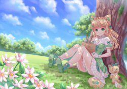 Rule 34 | 1girl, animal ears, artist name, blonde hair, blue sky, blunt bangs, boots, bow, braid, breasts, cat ears, closed mouth, cloud, cloudy sky, commentary, crown braid, day, dress, dutch angle, english commentary, flower, gloves, grass, green bow, green dress, green footwear, hair bow, hair ornament, hairclip, head tilt, heart, holding, holding pencil, long hair, notepad, on grass, original, outdoors, pencil, pink flower, puffy short sleeves, puffy sleeves, shoe soles, short sleeves, sitting, sky, small breasts, smile, solo, stuffed animal, stuffed cat, stuffed toy, tree, villyane, white gloves