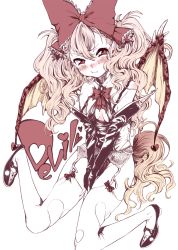 Rule 34 | 1girl, amezawa koma, black gloves, blonde hair, blush, bow, breasts, covering privates, covering crotch, demon wings, elbow gloves, english text, fang, fingerless gloves, garter belt, garter straps, gloves, hair bow, heart, highres, leotard, looking at viewer, original, pout, red eyes, sideboob, sitting, small breasts, solo, tail, thighhighs, twintails, v arms, wariza, white thighhighs, wings