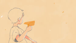 Rule 34 | 1boy, brown background, commentary request, dokaiasuka, facing away, highres, holding, holding paper airplane, looking to the side, male focus, monochrome, original, paper airplane, shirt, short hair, short sleeves, simple background, solo, spot color, t-shirt