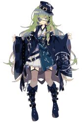 Rule 34 | 1girl, black footwear, black headwear, black jacket, boots, chain, closed mouth, clothing cutout, commentary, eyepatch, full body, garter straps, green eyes, green hair, hair ornament, highres, jacket, japanese clothes, kimono, kochiya sanae, long hair, long sleeves, looking at viewer, nikorashi-ka, one eye covered, open clothes, open jacket, shoulder cutout, simple background, single hair tube, sleeves past wrists, smile, snake hair ornament, solo, touhou, very long hair, white background, white kimono, wide sleeves