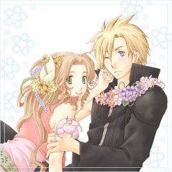 Rule 34 | 00s, 1boy, 1girl, 2000s (style), aerith gainsborough, alternate costume, arm guards, armor, belt, blonde hair, blue eyes, brown hair, cloud strife, curly hair, dress, final fantasy, final fantasy vii, final fantasy vii advent children, flower, flower necklace, green eyes, hair down, hair flower, hair ornament, high collar, jewelry, long hair, lowres, necklace, one eye closed, open collar, parted bangs, patterned background, pink dress, pink vest, rendezvous, shoulder armor, smile, spiked hair, square enix, vest, wink