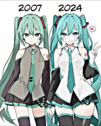 1girl bare_shoulders black_skirt black_thighhighs green_eyes green_hair green_necktie hatsune_miku heart highres long_hair lookatmymeat1 necktie shirt simple_background skirt speech_bubble thighhighs thighs twintails v vocaloid white_background white_shirt