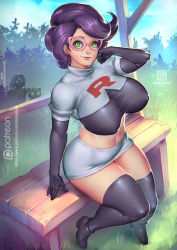 Rule 34 | 1boy, 1girl, belly, bokuman, boots, breasts, cosplay, covered erect nipples, creatures (company), crop top, full body, game freak, gen 1 pokemon, glasses, green eyes, large breasts, looking at viewer, meowth, midriff, nintendo, pencil skirt, pokemon, pokemon (anime), pokemon sm, purple hair, sitting, skirt, smile, stomach, team rocket, team rocket (cosplay), thick thighs, thigh boots, thighhighs, thighs, wicke (pokemon)