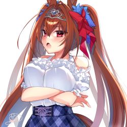 Rule 34 | 1girl, :o, akane (hn akn 12), animal ears, bare shoulders, blue skirt, blush, bow, breasts, brown hair, commentary request, crossed arms, daiwa scarlet (umamusume), detached sleeves, fang, hair bow, hair intakes, highres, horse ears, horse girl, large breasts, long hair, plaid, plaid skirt, red bow, red eyes, shirt, short sleeves, signature, skirt, solo, twintails, umamusume, very long hair, white background, white shirt, white sleeves