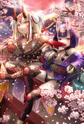 Rule 34 | 2girls, alcohol, bad id, bad pixiv id, bare shoulders, blonde hair, breasts, cherry blossoms, crossed legs, cup, drinking, dripping, earrings, facial mark, fang, fate/grand order, fate (series), hair ornament, highres, holding, holding sword, holding weapon, horns, ibaraki douji (fate), japanese clothes, jewelry, kimono, long hair, looking at viewer, moon, multiple girls, navel, oni, open mouth, petals, pointy ears, purple eyes, purple hair, red moon, revealing clothes, sakazuki, sake, short hair, shuten douji (fate), sitting, skin-covered horns, sky, small breasts, sword, tattoo, torii, weapon, yellow eyes, yumeichigo alice