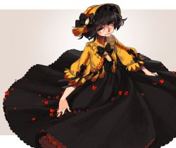 Rule 34 | 1girl, bad id, bad pixiv id, black bow, black dress, black hair, bonnet, bow, brooch, cropped jacket, dress, flower, grey background, grin, jewelry, letterboxed, lips, long dress, long eyelashes, looking to the side, original, pachyphytum, red bow, red flower, short hair, simple background, sitting, smile, solo, tassel
