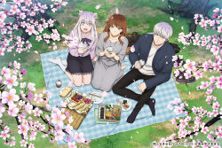 Rule 34 | 1boy, 2girls, black pants, blue eyes, brother and sister, brown hair, closed mouth, commentary request, cup, dress, flower, food, full body, fuyutsuki (koori zokusei danshi), grass, grey dress, highres, himuro (koori zokusei danshi), holding, holding cup, holding phone, koori zokusei danshi to cool na douryou joshi, long hair, long sleeves, multiple girls, official art, open mouth, outdoors, pants, phone, picnic, picnic basket, plate, sandwiched, shoelaces, shoes, short hair, siblings, sitting, skirt, socks, white socks, yukimin (koori zokusei danshi)