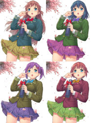 Rule 34 | 4girls, :o, blazer, blue hair, blush, bow, braid, brown hair, cherry blossoms, diploma, hair ornament, hairclip, highres, hisho collection, komase (jkp423), multiple girls, open mouth, petals, plaid, plaid bow, pleated skirt, ponytail, purple hair, skirt, tears, wind, wind lift, wiping tears