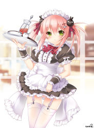 Rule 34 | 1girl, :3, bottle, cup, duji amo, garter straps, green eyes, hair bobbles, hair ornament, highres, maid, maid headdress, original, panties, pantyshot, pink hair, pink panties, rabbit hair ornament, signature, solo, striped clothes, striped panties, thighhighs, tray, underwear, usagihime, waitress, white thighhighs, wrist cuffs
