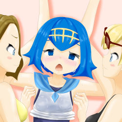 Rule 34 | 3girls, arm up, armpits, arms up, artist request, bikini, black bikini, blonde hair, blue eyes, blue hair, blue one-piece swimsuit, blue sailor collar, blush, breasts, brown hair, clothes lift, collarbone, creatures (company), drooling, empty eyes, eyewear on head, female focus, flat chest, from above, from side, game freak, glasses, hair ornament, half-closed eyes, hand up, headband, highres, lana (pokemon), looking at viewer, looking to the side, lying, matching hair/eyes, multiple girls, nintendo, npc trainer, on back, on side, one-piece swimsuit, open mouth, pink background, pokemon, pokemon sm, red-framed eyewear, restrained, sailor collar, saliva, shirt, shirt lift, short hair, simple background, sleeveless, sleeveless shirt, small breasts, smile, sunglasses, sweat, swimmer (pokemon), swimsuit, tears, tickling, wet, wet clothes, wet shirt, white shirt, yellow bikini