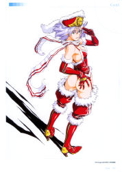 Rule 34 | 1girl, absurdres, ass, ass grab, boots, breasts, christmas, cleavage, elbow gloves, gloves, green eyes, hand on own hip, hat, highres, hip focus, horibe hiderou, leotard, medium breasts, original, panties, pirate, purple hair, red gloves, santa costume, scarf, simple background, solo, thighhighs, thong, underwear, wind, yours (art book)