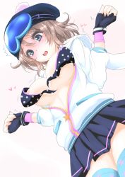 Rule 34 | 10s, 1girl, blue eyes, blush, breasts, fingerless gloves, frapowa, gloves, grey hair, love live!, love live! school idol festival, love live! sunshine!!, medium breasts, motion lines, nipples, open clothes, open mouth, short hair, solo, wardrobe malfunction, watanabe you