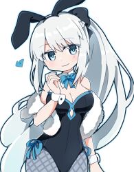 Rule 34 | 1girl, adapted costume, animal ears, bare arms, bare shoulders, black bow, black bowtie, black hairband, black leotard, blue eyes, bow, bowtie, braid, breasts, cleavage, closed mouth, commentary, cutout above navel, detached collar, fake animal ears, fate/grand order, fate (series), fishnet pantyhose, fishnets, french braid, fur shawl, grey hair, grey pantyhose, hair bow, hairband, leotard, light smile, long hair, looking at viewer, medium breasts, morgan le fay (fate), pantyhose, playboy bunny, ponytail, rabbit ears, rabiiandrain, shawl, simple background, solo, strapless, strapless leotard, very long hair, white background, wing collar, wrist cuffs