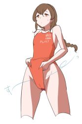 Rule 34 | 1girl, braid, brown hair, clothes pull, clothes writing, competition swimsuit, cropped legs, from below, kantai collection, long hair, one-piece swimsuit, one-piece swimsuit pull, orange eyes, orange one-piece swimsuit, simple background, single braid, solo, souya (kancolle), souya agb (kancolle), standing, swimsuit, tamu (mad works), two-tone swimsuit, white background