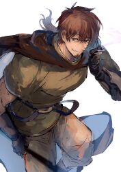 Rule 34 | 1boy, belt, black gloves, brown cape, brown eyes, brown hair, cape, cigarette, facial hair, fate/grand order, fate (series), gloves, goatee, green tunic, grin, hair between eyes, hector (fate), highres, holding, holding cigarette, holding polearm, holding weapon, long hair, looking at viewer, male focus, pants, polearm, short sleeves, simple background, smile, smoke, solo, stubble, tumikilondon5, weapon, white background, white pants