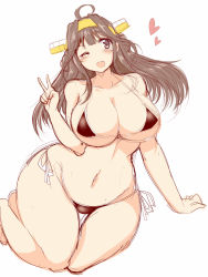 Rule 34 | 10s, 1girl, bikini, breasts, brown eyes, brown hair, collarbone, curvy, female focus, hair ornament, huge breasts, kantai collection, kneeling, kongou (kancolle), long hair, navel, one eye closed, open mouth, red bikini, simple background, solo, string bikini, swimsuit, thigh gap, v, wedge (tyrl stride), white background, wide hips, wink