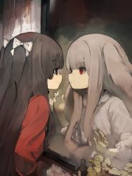 Rule 34 | 2girls, absurdres, black hair, bottle, bow, different reflection, female focus, grey hair, hair bow, highres, looking at mirror, mirror, multiple girls, original, rabbit ears, red eyes, reflection, shirokujira, two side up, white bow