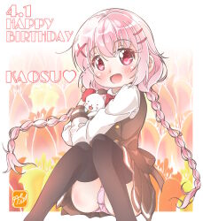 Rule 34 | 1girl, animal, birthday, black thighhighs, blush, cat, character name, comic girls, dated, dot nose, english text, fang, flower, happy birthday, heart (symbol), holding, holding animal, long hair, long sleeve shirt, long sleeves, looking at viewer, moeta kaoruko, open mouth, panties, pink hair, school uniform, sitting, solo, takecho1, thighhighs, underwear
