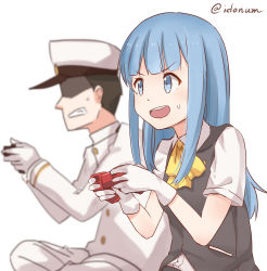 Rule 34 | 10s, 1boy, 1girl, admiral (kancolle), ascot, blue eyes, blue hair, blunt bangs, clenched teeth, commentary request, controller, from side, game controller, gloves, hat, hatsukaze (kancolle), hime cut, ido (teketeke), kantai collection, long hair, long sleeves, looking away, military, military uniform, open mouth, peaked cap, playing games, shaded face, short hair, short sleeves, simple background, sitting, teeth, twitter username, uniform, vest, white background, white gloves