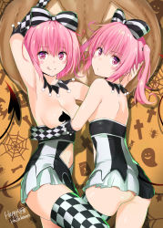 Rule 34 | &gt;:(, 2girls, :q, alternate costume, arm around waist, armpits, ass, bare shoulders, blush stickers, bow, breasts, checkered clothes, checkered gloves, checkered legwear, cleavage, closed mouth, clothing cutout, cowboy shot, demon tail, detached collar, elbow gloves, frown, gloves, hair bow, hand on another&#039;s head, happy halloween, high-waist skirt, looking at viewer, looking back, medium breasts, momo velia deviluke, multiple girls, murio, nana asta deviluke, navel, navel cutout, pasties, pink eyes, pink hair, short hair, shoulder blades, siblings, single elbow glove, single glove, sisters, skirt, smile, standing, striped, striped bow, tail, tareme, thighhighs, to love-ru, tongue, tongue out, twins, two-tone legwear, two side up, v-shaped eyebrows, zettai ryouiki