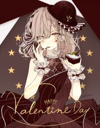 Rule 34 | 1girl, akakura, black dress, black hat, blush, bowler hat, brass knuckles, brown eyes, cake, closed mouth, dress, english text, food, frilled dress, frills, happy valentine, hat, heart, heart-shaped pupils, highres, holding, holding food, light brown hair, lips, looking at viewer, applying manicure, original, short hair, signature, sleeveless, sleeveless dress, solo, star (symbol), symbol-shaped pupils, upper body, valentine, weapon, wrist cuffs