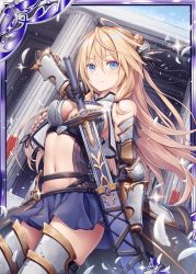 Rule 34 | 1girl, ahoge, akkijin, armor, armored boots, bare shoulders, black gloves, blonde hair, blue eyes, blue skirt, boots, braid, breastplate, breasts, center opening, cleavage, day, elbow gloves, glint, gloves, groin, hair ornament, holding, large breasts, long hair, looking at viewer, medium breasts, miniskirt, navel, official art, outdoors, petals, revealing clothes, sheath, shinkai no valkyrie, skirt, sleeveless, smile, solo, stomach, sword, thighhighs, unsheathing, vambraces, vest, watermark, weapon, zettai ryouiki