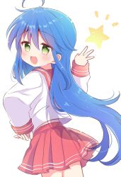 Rule 34 | 1girl, :d, ahoge, blue hair, blush, commentary request, cowboy shot, floating hair, from behind, green eyes, hair between eyes, hand on own hip, hand up, happy, highres, izumi konata, long hair, looking at viewer, looking back, lucky star, miniskirt, mole, mole under eye, nanami ayane (kusunoki5050), notice lines, open mouth, pleated skirt, red sailor collar, red skirt, sailor collar, school uniform, serafuku, shirt, sidelocks, simple background, skirt, sleeves past wrists, smile, solo, star (symbol), very long hair, w, white background, white shirt