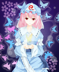 Rule 34 | 1girl, bad id, bad pixiv id, bug, butterfly, cover-d, female focus, hat, highres, bug, pink hair, red eyes, saigyouji yuyuko, smile, solo, touhou