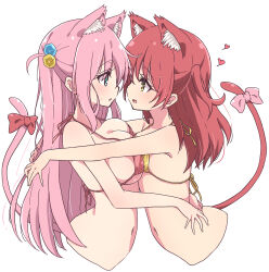 Rule 34 | 2girls, absurdres, animal ears, asymmetrical docking, bikini, bikini top only, blue eyes, bocchi the rock!, bow, breast press, breasts, cat ears, cat girl, cat tail, cube hair ornament, eye contact, gotoh hitori, green eyes, hair ornament, highres, kemonomimi mode, kita ikuyo, large breasts, long hair, looking at another, mel (melty pot), multiple girls, navel, open mouth, pink bikini, pink bow, pink hair, red bow, red hair, simple background, small breasts, smile, swimsuit, tail, tail bow, tail ornament, white background, yellow bikini, yellow eyes, yuri