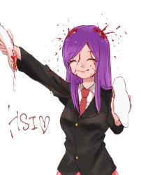Rule 34 | 1girl, animal ears, blazer, blood, blood on clothes, blood on face, blood on hands, breasts, character name, closed eyes, collared shirt, commentary request, cookie (touhou), cowboy shot, dare who zzzz, guro, heart, hisui (cookie), holding ears, jacket, long hair, long sleeves, medium breasts, necktie, pink skirt, purple hair, rabbit ears, red necktie, reisen udongein inaba, ryona, self-harm, self harm, shirt, simple background, skirt, smile, solo, swept bangs, touhou, white background, white shirt