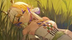 Rule 34 | 1girl, absurdres, arknights, bare shoulders, blonde hair, breasts, brown horns, collarbone, colored skin, dragon girl, dragon horns, earrings, film grain, grass, green eyes, hair between eyes, hair intakes, half-closed eyes, hand on own stomach, highres, horns, jewelry, long hair, looking to the side, lying, medium breasts, multicolored hair, necklace, off shoulder, on back, on grass, parted lips, plant, pointy ears, purple hair, roun89173512, shu (arknights), solo, strapless, tube top, upper body, white hair, white horns, white tube top