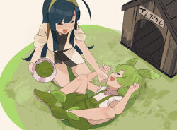 Rule 34 | +++, 2girls, ahoge, black hair, blush, boots, bowl, breasts, commentary, doghouse, facing another, facing to the side, from above, green footwear, green hair, green hairband, green shorts, hairband, holding, holding bowl, japanese clothes, kimono, kneeling, large breasts, lying, multiple girls, on back, open mouth, pet bowl, pet play, petting, pikumin, playing, profile, puffy short sleeves, puffy sleeves, shirt, shirt tucked in, short kimono, short sleeves, shorts, sleeves rolled up, smile, submission, suspender shorts, suspenders, touhoku zunko, voiceroid, voicevox, white background, white kimono, white shirt, zundamon