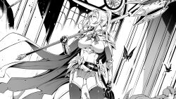 Rule 34 | 1girl, breasts, bug, butterfly, cape, cleavage cutout, clothing cutout, game cg, garter straps, greyscale, high-low skirt, highres, holding, holding weapon, insect, large breasts, legwear cutout, little witch nobeta, mace, midriff, monochrome, navel, non-web source, official art, ponytail, profile, solo, standing, stomach, thighhighs, underboob, underboob cutout, vambraces, vanessa (little witch nobeta), weapon, zettai ryouiki