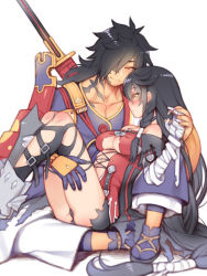 Rule 34 | 1boy, 1girl, asymmetrical gloves, bad id, bad pixiv id, bandaged arm, bandages, black hair, black shorts, black thighhighs, blush, breasts, brown eyes, cleavage, closed mouth, collarbone, couple, facial mark, folks (nabokof), gloves, hair over one eye, holding hands, long hair, looking at another, low-tied long hair, medium breasts, micro shorts, profile, purple gloves, purple thighhighs, rokurou rangetsu, shorts, simple background, single glove, sitting, sitting on lap, sitting on person, smile, sword, tabi, tales of (series), tales of berseria, thighhighs, torn clothes, torn legwear, uneven gloves, velvet crowe, very long hair, weapon, weapon on back, white background, yellow eyes