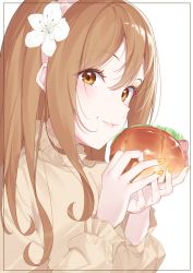 1girl artist_name artist_request black_border blush border breasts brown_eyes brown_hair burger close-up curly_hair detached_collar dress eating female_focus flower food food_on_face hair_between_eyes hair_flower hair_ornament hairband highres holding holding_food kunikida_hanamaru light_brown_hair long_hair long_sleeves looking_at_viewer love_live! love_live!_sunshine!! nail_(hardware) nail_polish orange_nails parted_lips pink_hairband smile solo upper_body white_background white_detached_collar white_dress white_flower yellow_eyes