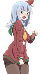 Rule 34 | 10s, 1girl, blue hair, blush, brown pantyhose, christmas, clothes pull, commentary request, hat, hatsukaze (kancolle), kantai collection, long hair, long sleeves, looking at viewer, open mouth, pantyhose, ribbed sweater, santa hat, simple background, solo, sweater, sweater pull, thighband pantyhose, toho-77, white background