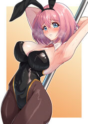 Rule 34 | 1girl, alternate costume, animal ears, arms up, between breasts, black hairband, black leotard, blue eyes, blush, border, breasts, brown pantyhose, cleavage, covered navel, cowboy shot, detached collar, detached sleeves, fake animal ears, gradient background, hairband, highres, large breasts, leotard, looking at viewer, necktie, necktie between breasts, orange background, outside border, pantyhose, parted lips, pink hair, playboy bunny, pole, princess connect!, rabbit ears, red necktie, short hair, solo, steaming body, strapless, strapless leotard, stripper pole, sweat, white border, wide hips, yui (princess connect!), yumejidake