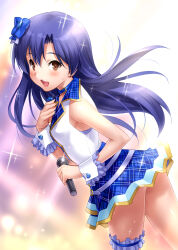 Rule 34 | 1girl, :d, blue bow, blue hair, blurry, blurry background, blush, bow, bridal garter, brown eyes, check my note (idolmaster), choker, commentary request, cowboy shot, dutch angle, floating hair, frilled cuffs, glint, hair bow, hair ornament, hand on own chest, highres, holding, holding microphone, idol, idol clothes, idolmaster, idolmaster (classic), idolmaster one for all, kisaragi chihaya, long hair, looking at viewer, looking back, microphone, miniskirt, open mouth, plaid, plaid skirt, shiny skin, shirt, short sleeves, simple background, skirt, smile, solo, sparkle, straight hair, sweat, teeth, thigh strap, upper teeth only, white shirt, white wrist cuffs, wrist cuffs, zen (kamuro)
