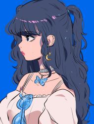 Rule 34 | 1girl, black hair, blue background, blue eyes, bug, butterfly, collar, unworn eyewear, from side, highres, insect, jewelry, lips, long hair, necklace, original, shirt, simple background, solo, stephanie priscilla, sunglasses, twintails, upper body, white shirt