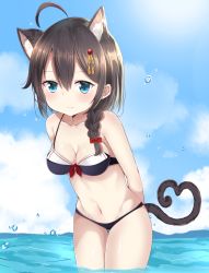 Rule 34 | 1girl, ahoge, akino ell, animal ears, bare arms, bare shoulders, bikini, black bikini, blue eyes, blue sky, blush, bow, braid, breasts, brown hair, cat ears, cat girl, cat tail, cleavage, closed mouth, cloud, commentary request, day, hair between eyes, hair bow, hair ornament, heart, heart tail, highres, kantai collection, kemonomimi mode, leaning forward, long hair, navel, ocean, outdoors, red bow, shigure (kancolle), shigure kai ni (kancolle), side braid, single braid, sky, smile, solo, swimsuit, tail, wading, water, water drop