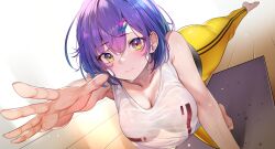 Rule 34 | 1girl, absurdres, bare shoulders, blush, breasts, cleavage, collarbone, exercising, highres, large breasts, looking at viewer, original, pants, purple hair, shirt, short hair, solo, stretching, teddy (khanshin), white shirt, yellow eyes, yellow pants, yoga, yoga pants