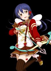 Rule 34 | 10s, 1girl, :d, arrow (projectile), blue hair, bow (weapon), brown skirt, brown thighhighs, fake wings, floating hair, hair between eyes, hair ornament, happy valentine, head tilt, headset, heart, heart hair ornament, holding, holding weapon, jacket, leg up, long hair, looking at viewer, love live!, love live! school idol festival, love live! school idol project, microphone, neck ribbon, open mouth, orange eyes, pleated skirt, red jacket, ribbon, shirt, skirt, smile, solo, sonoda umi, standing, striped ribbon, suspender skirt, suspenders, thighhighs, transparent background, valentine, vertical stripes, weapon, white shirt, white wings, wings, zettai ryouiki