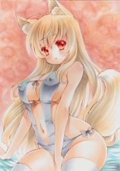 Rule 34 | 1girl, animal ears, bad id, bad pixiv id, bare shoulders, bed sheet, blonde hair, breasts, colored eyelashes, covered erect nipples, female focus, fox ears, fox tail, hair between eyes, highres, large breasts, long hair, looking at viewer, marker (medium), open mouth, original, pom77, puffy nipples, red eyes, sideboob, sitting, slingshot swimsuit, solo, swimsuit, tail, thighhighs, traditional media, white thighhighs