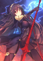 Rule 34 | 1girl, armor, bodysuit, breasts, covered navel, cowboy shot, dual wielding, fate/grand order, fate (series), gae bolg (fate), hair between eyes, highres, holding, holding weapon, jewelry, large breasts, lightning, long hair, looking at viewer, open mouth, parted lips, pauldrons, polearm, purple bodysuit, purple hair, red eyes, scathach (fate), shoulder armor, smile, solo, spear, ureshiijelek, veil, weapon