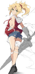 Rule 34 | 1girl, absurdres, ass, backboob, bandaged arm, bandaged leg, bandages, bare shoulders, black footwear, blonde hair, breasts, denim, denim shorts, fate/apocrypha, fate (series), female focus, full body, gauntlets, grin, hair ornament, hair scrunchie, hand in pocket, highres, holding, holding sword, holding weapon, hood, hood down, hoodie, long hair, looking at viewer, looking back, mordred (fate), ponytail, red hoodie, red scrunchie, scrunchie, shoes, short shorts, shorts, single gauntlet, sketch, small breasts, smile, solo, sword, tonee, torn clothes, torn shorts, two-tone hoodie, weapon